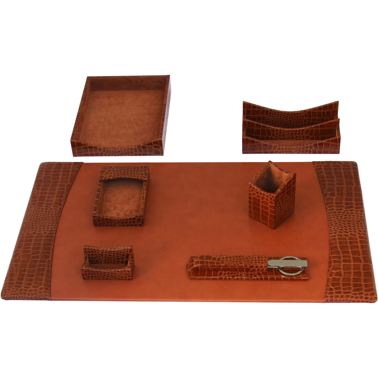 Dacasso D6104 Protacini Cognac Brown Italian Patent Leather 7 Piece Desk Set