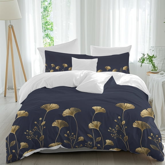 Duvet Cover Twin Size 3 Piece Bedding Set, Farmhouse Ginkgo Leaf on Navy Blue Soft Breathable Comforter Cover with 2 Pillow Shams, Rustic Gold Botanical Luxury Duvet Covers with Zipper Closure