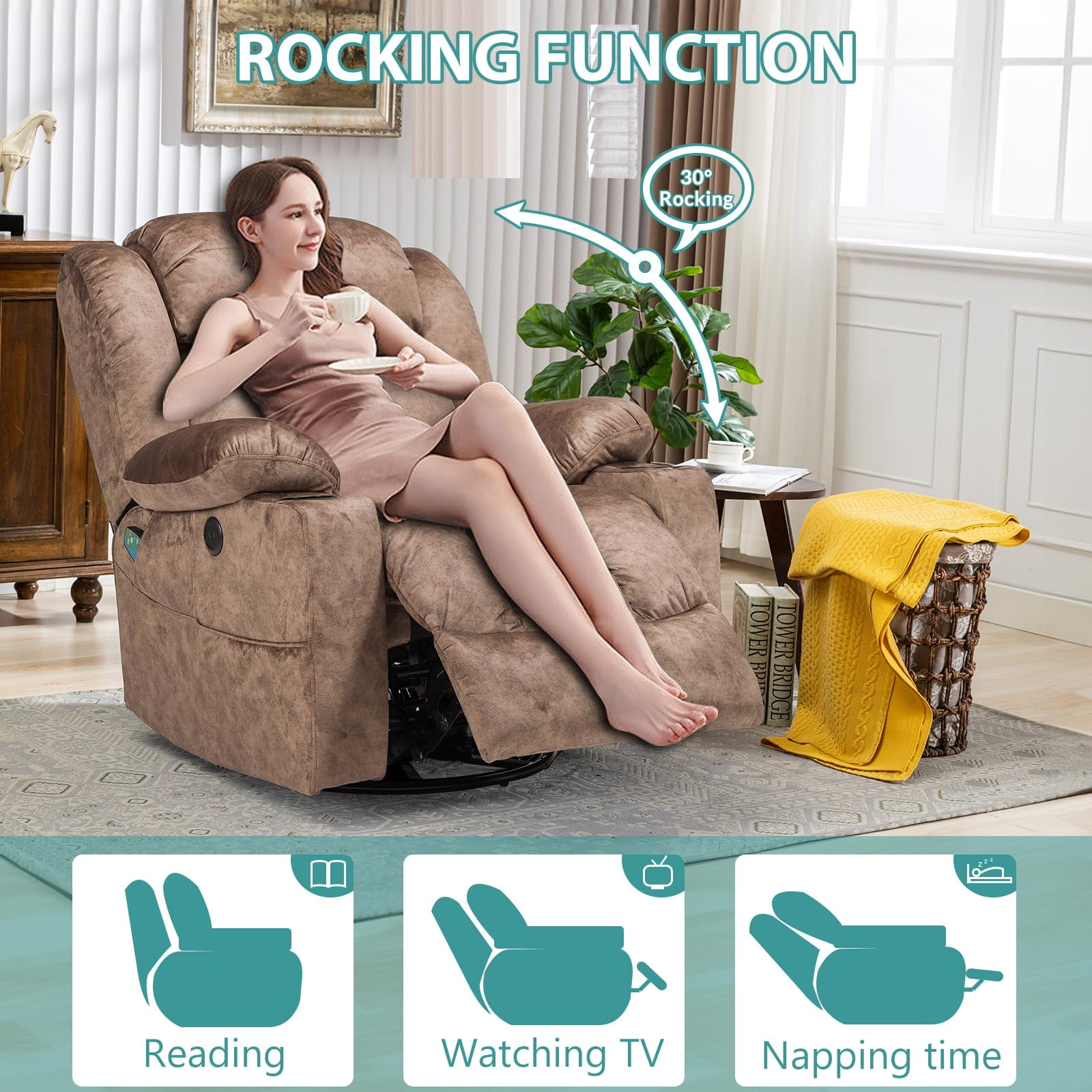 MEETWARM Massage Swivel Rocker Recliner, Manual Glider Rocking Recliner Chair with Heat and Vibration, 360°Swivel Lounge Reclining Chair with USB Ports/Cup Holder/Remote Control(Plush-Brown)