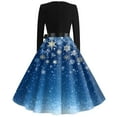 thumbnail image 3 of Women's Christmas Print Flare Dress with Snowflake, Christmas Tree and Snowman Pattern, Long Sleeve V-Neck Vintage Party Dress for Holiday Festive Occasions,Blue,Size M, 3 of 4