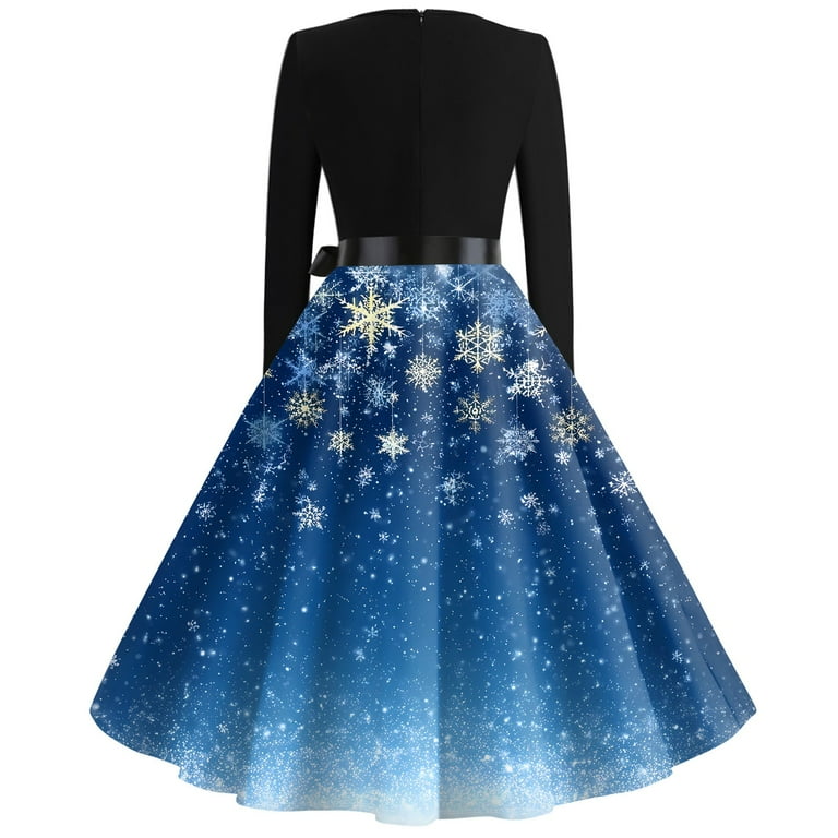 Women's Christmas Print Flare Dress with Snowflake, Christmas Tree and  Snowman Pattern, Long Sleeve V-Neck Vintage Party Dress for Holiday Festive  ...