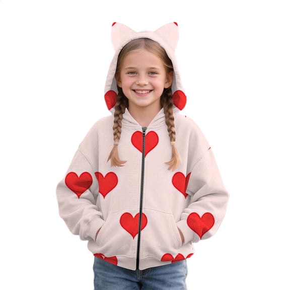 YunPes Girls Cat Ear Hoodies Heart Print Full Zip Hooded Jacket Cute Valentines Day Sweatshirt Cozy Fleece Coat Trendy Coat Sweaters