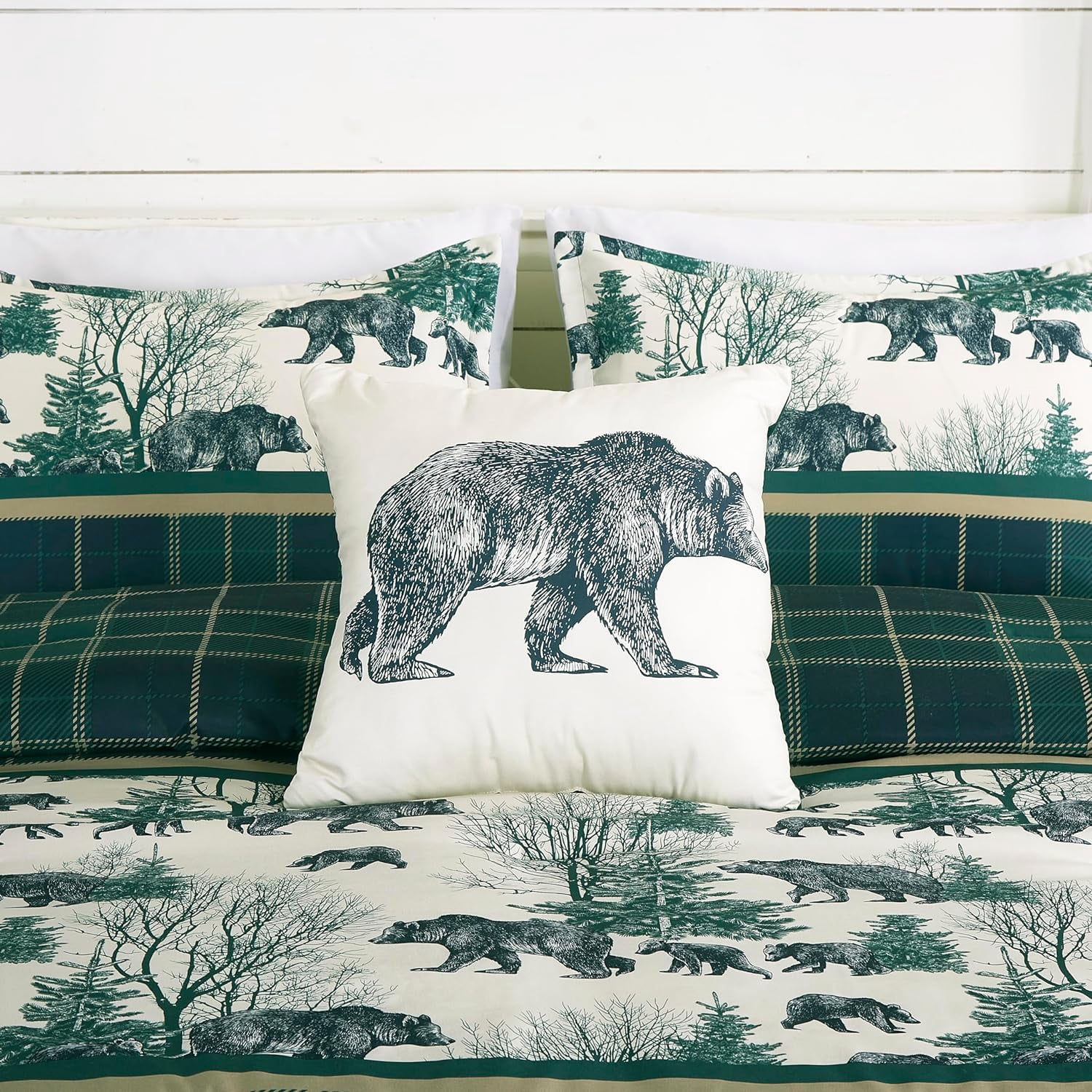 Chezmoi Collection Basin 7-Piece Northwest Cabin Lodge Comforter Set, Blue Green Ivory Tan Grizzly Bear Pine Tree Wilderness Printed Microfiber Bedding, Queen
