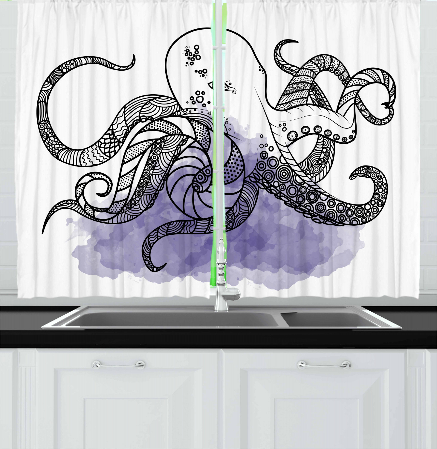 Octopus Curtains 2 Panels Set, Line Art Drawing Style Marine Creature ...