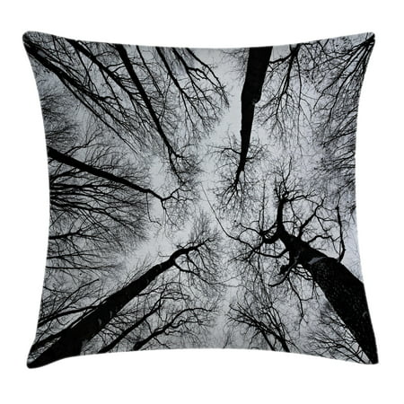 Forest Home Decor Throw Pillow Cushion Cover, Scary Winter Tops of the Trees Dark Dramatic Silhouettes Enchanted Image, Decorative Square Accent Pillow Case, 18 X 18 Inches, Black Grey, by Ambesonne
