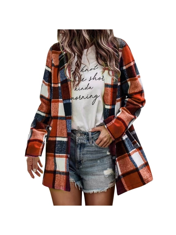 Cardigan for Women Winter Fall Flannel Plaid Light Weight Thin Shirts Raglan Long Sleeve Button Down Chest Pocketed Shirts Blouse Cardigan Jacket Sweaters Tops