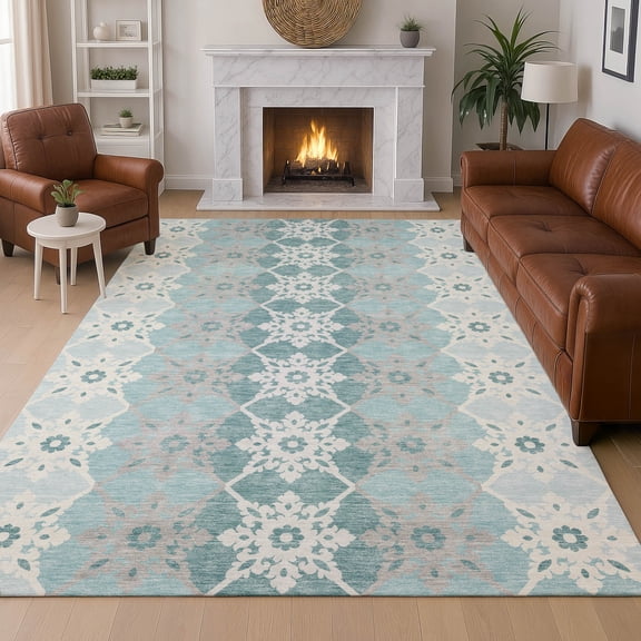 Addison Rugs Chantille Indoor/Outdoor Transitional Americana Aqua Machine Washable Rectangle Rug, 10' x 14'