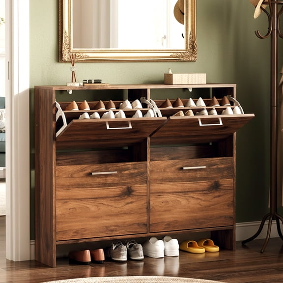 Ktaxon Shoe Cabinet with 4 Flip Drawers, Narrow Shoes Storage for Entryway 30 Pairs, Walnut