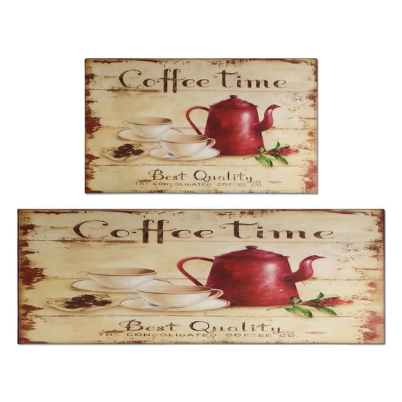 Tapis de Cuisine Style Vintage Bois Brun Motif Café pour Plancher Lavables Antidérapants, Ensemble de 2 Tapis Absorbants pour Évier Tapis Coureur Imperméable pour Buanderie, Tapis de Cuisine 17.7x24+17.7x48 Pouces