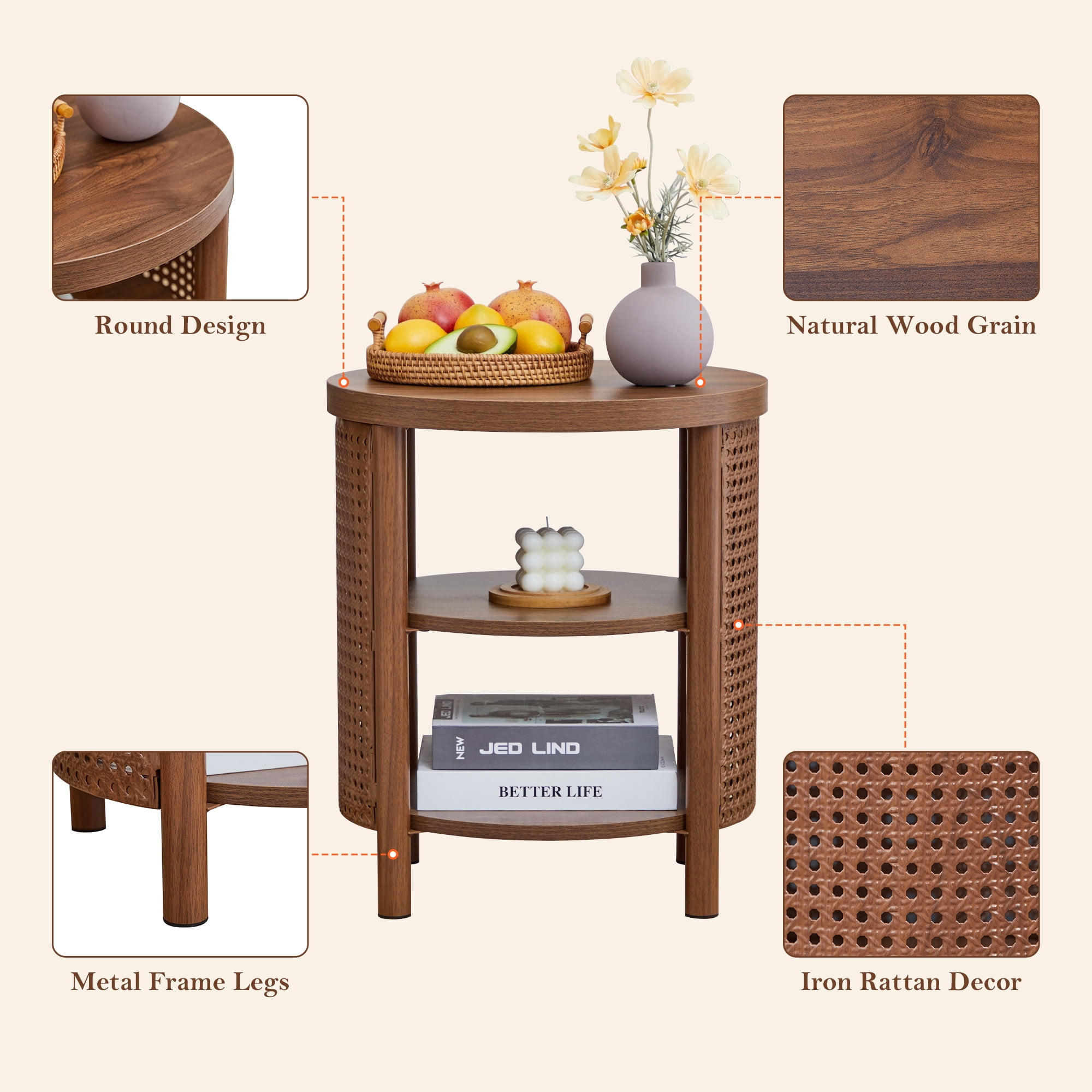 YOCWO Small Round End Table Set of 2 with Open Storage for Small Space, 3 Tier Accent Table Side Table with Iron Rattan Decor, Walnut