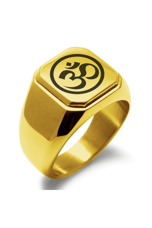Stainless Steel Sacred Circle Sanskrit Om Engraved Square Flat Top Biker Style Polished Signet Ring