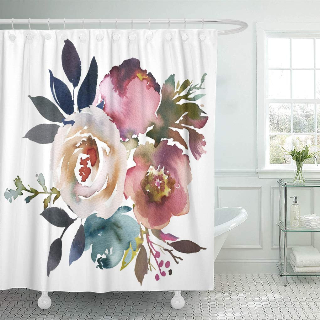 Cynlon Dusk Blue Pale Pink Gray White Watercolor Floral Round Bathroom Decor Bath Shower Curtain 66x72 Inch Walmart Com Walmart Com