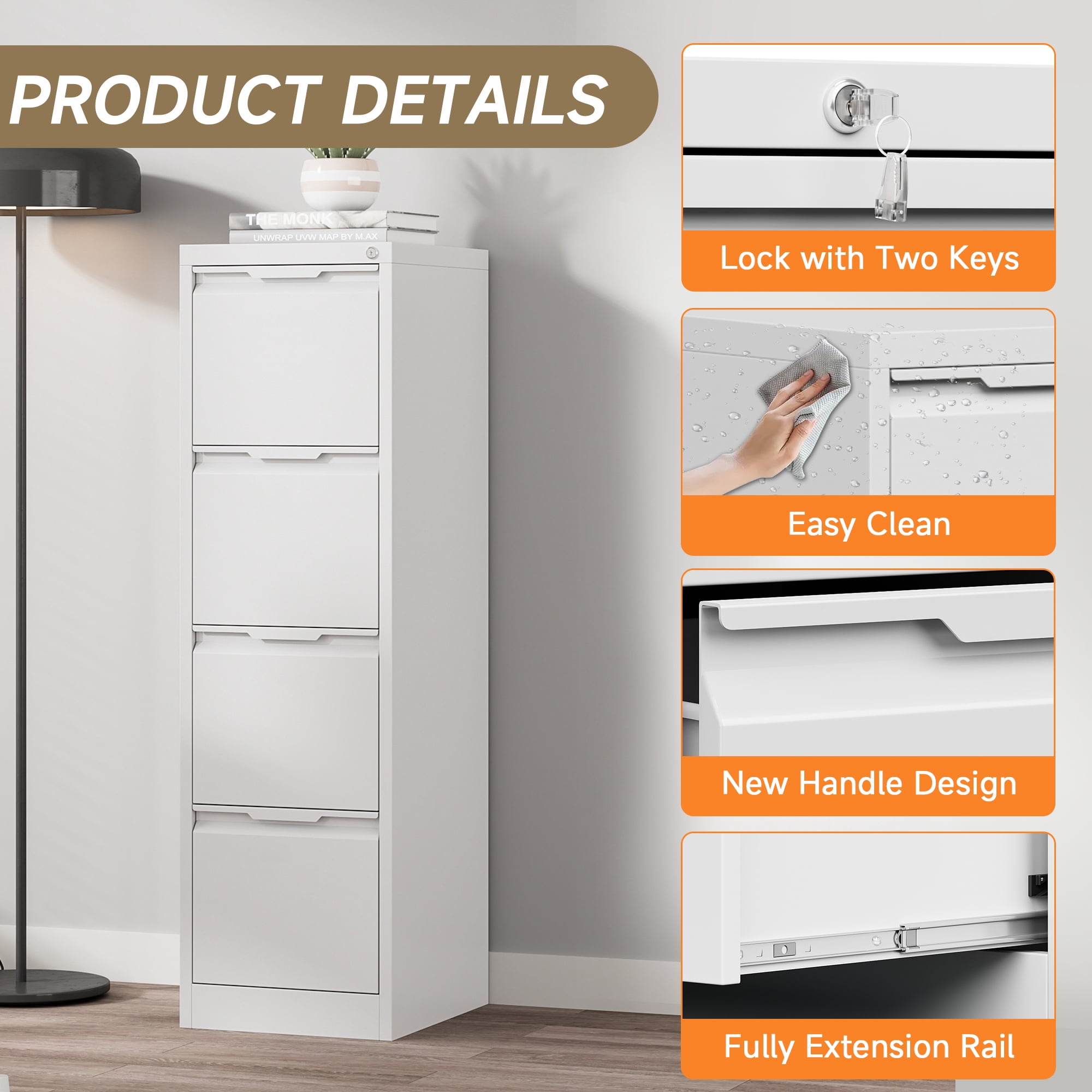 Metal File Cabinet with Lock, 4 Drawer Filing Cabinet Office, Locking Vertical Filing Cabinet for A4/F4/Lagel/Letter Assembly Required (White, 4 Drawer)