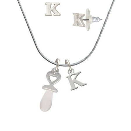 Pacifier Charm Jewelry - 3-D Clear Frosted Baby Pacifier - K Initial Charm Necklace and Stud Earrings Jewelry Set
