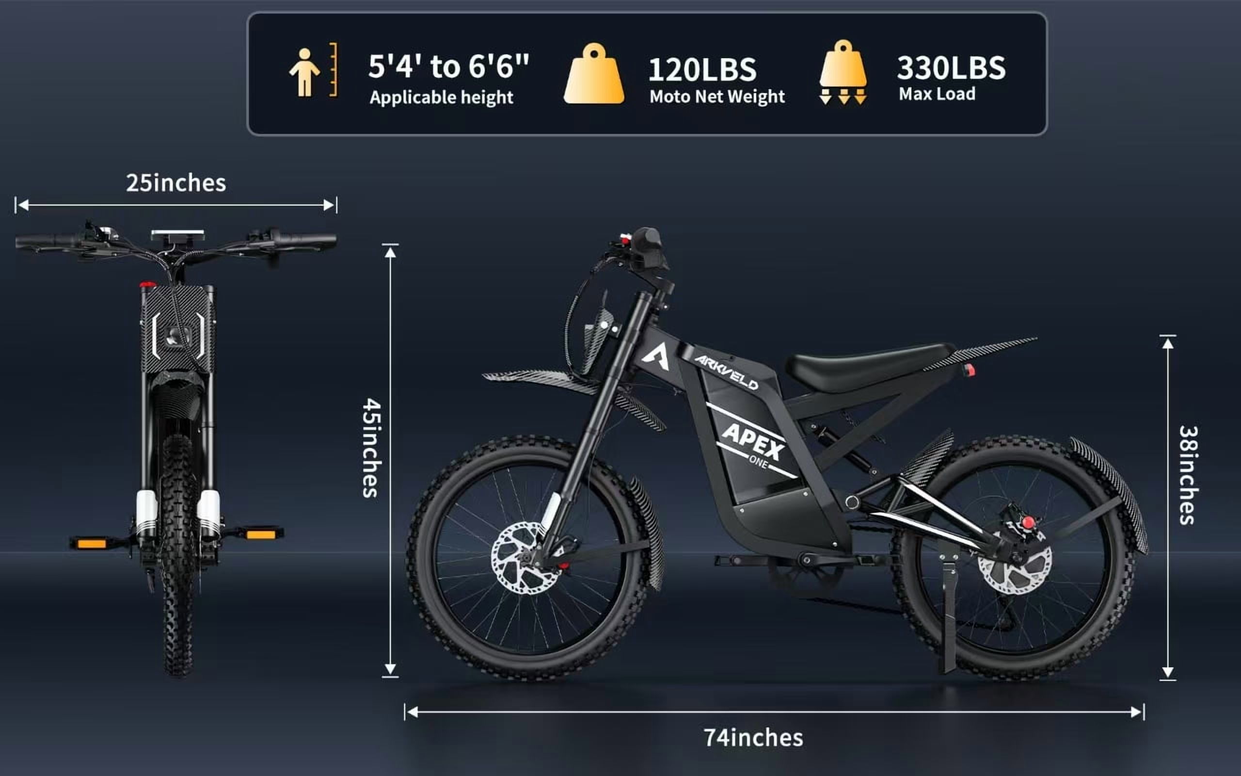 Arkveld APEX1 Electric Bike for Adults，Peak-3000W 25" Fat Tire All-Terrain E-Bike 80Miles 40MPH Electric Dirt Bike for Road Sand Mountain Snow - 48V 32AH Battery Powered Electric Motorcycle,UL2849