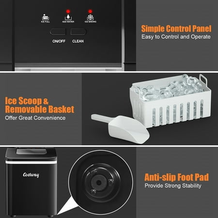 Costway - Portable Ice Maker Machine Countertop 26Lbs/24H Self-cleaning w/ Scoop - Black