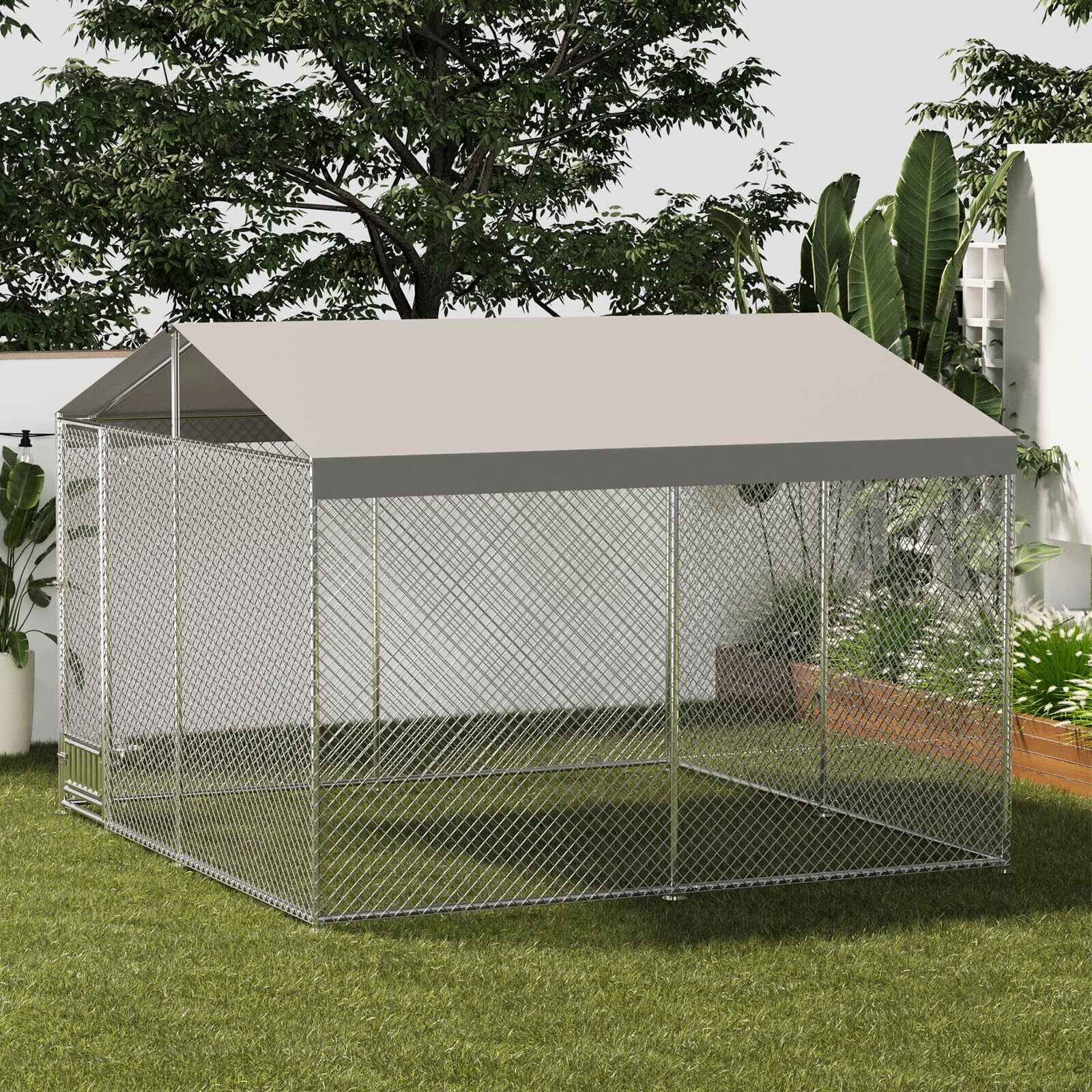 EuKer 10x10 ft Large Outdoor Dog Kennel with Waterproof Cover and Feeding Door for Medium/Large Dogs, Silver