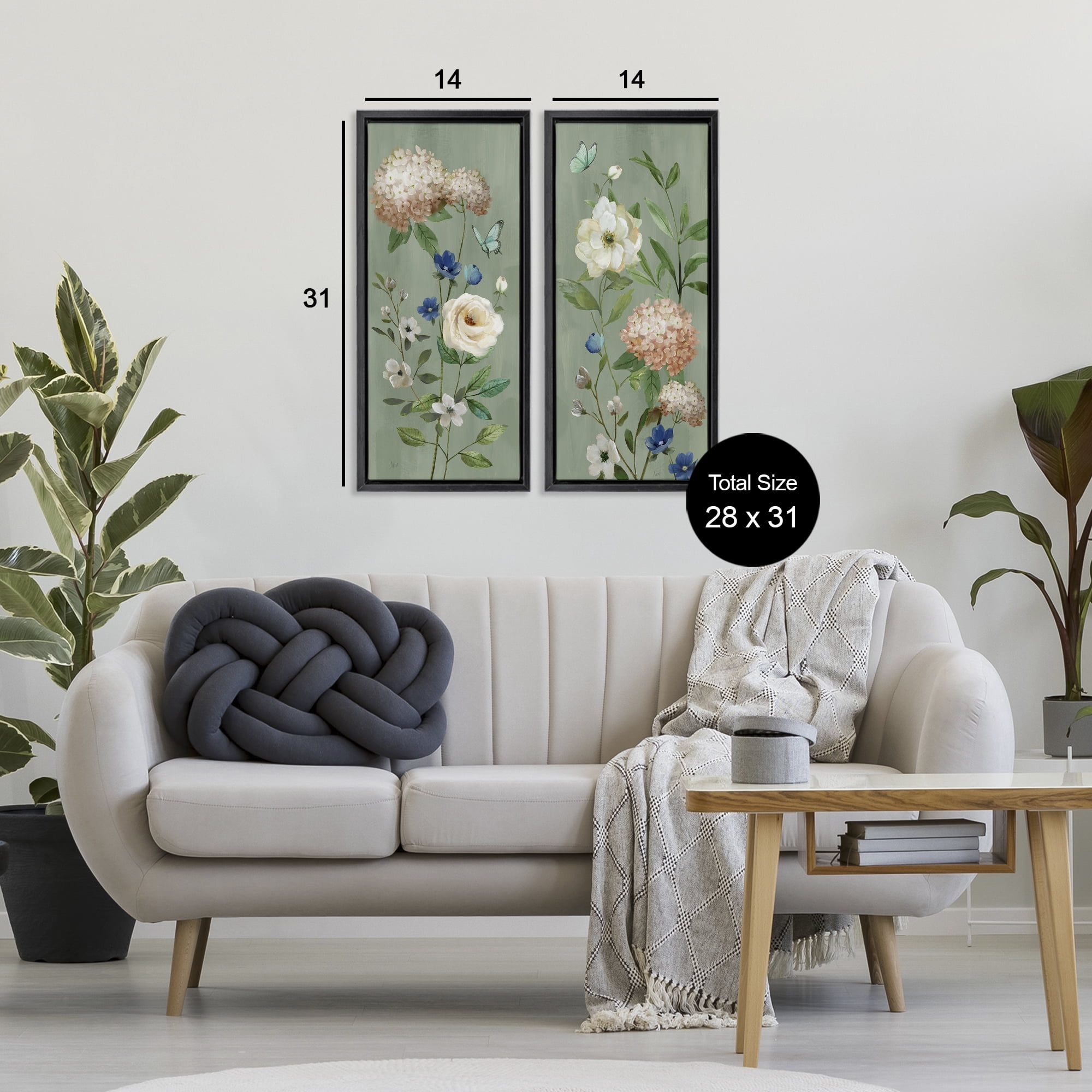 Stupell Industries Mint Hydrangeas & Roses 2 Piece Black Framed Floater Canvas Set, design by Nan