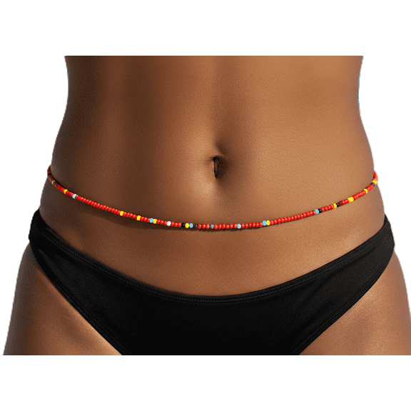 Red Waist Beads with Colorful Accents, 2MM Seed Beads, 44 Inches of Beads, Traditional Tie-On Cotton Thread