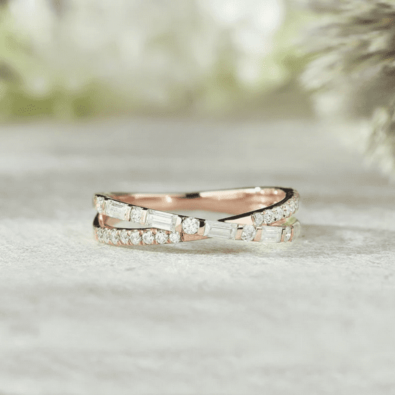 Round & Baguette Cut Diamond Crossover Wedding Band Ring in 14k Rose Gold Vermeil - Anniversary Gift For Her