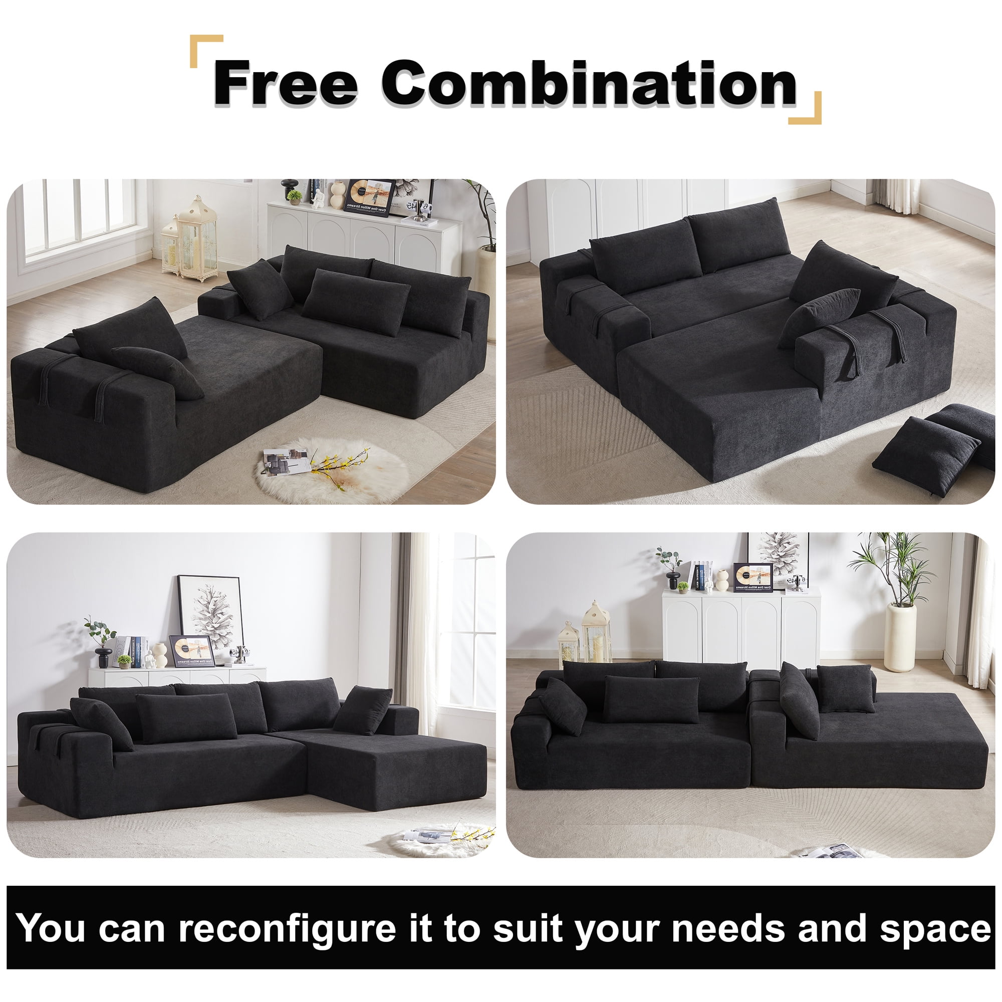 Aukfa 108" Modular Sectional Couch, Deep Seat Cloud Sofa with 6 Pillows, No Assembly, Left Chaise, Black