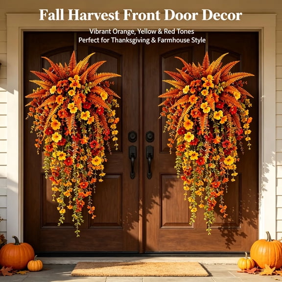 Artificial Fall Flowers Hanging Basket - 2 Pack Autumn Decor with Morning Glories, No Watering Required Faux Plant for Porch Patio Entryway, Indoor Outdoor Seasonal Home Accent