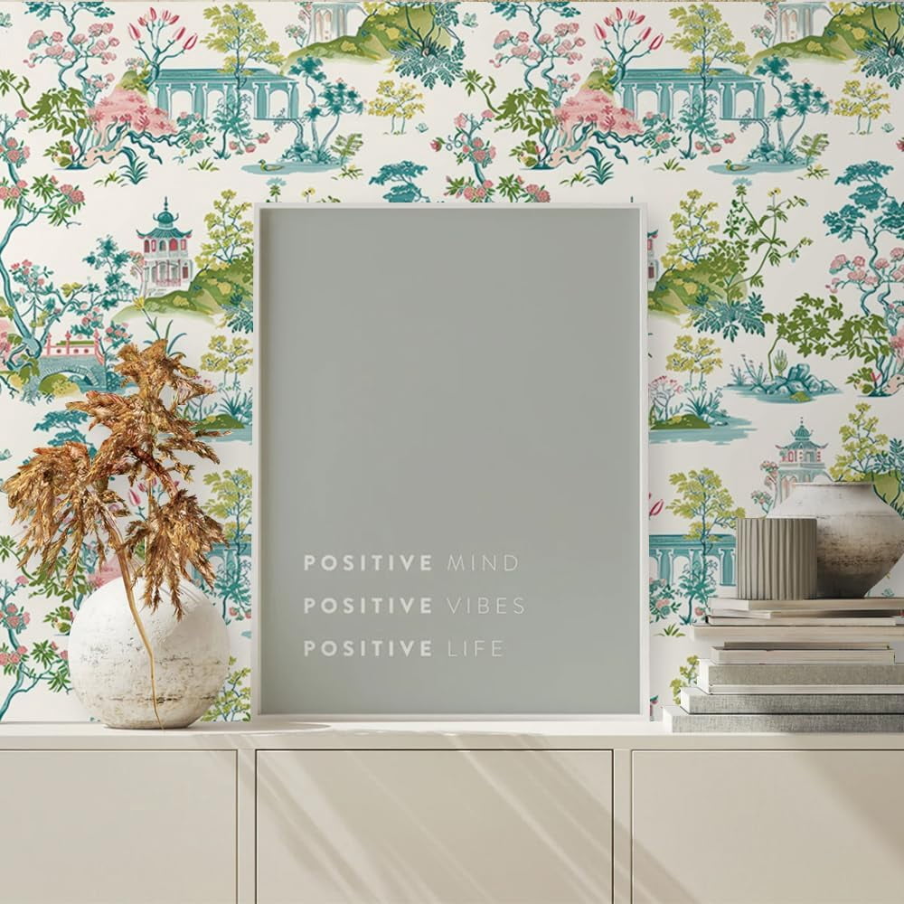 Vintage Green Blue Pink Garden Landscape Nature Plants Peel and Stick Wallpaper Contact Paper Vinyl Stick on Wall Paper for Bedroom Bathroom Kitchen Cabinet Renter Friendly