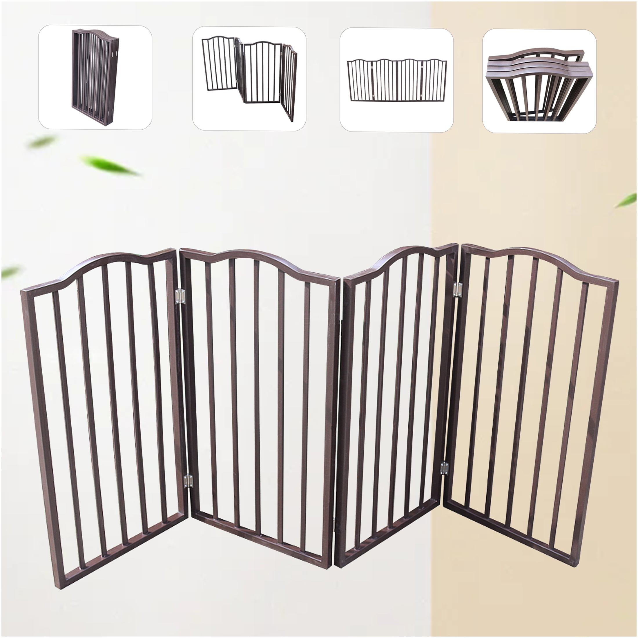 JERFIT Extra Wide Freestanding Pet Gate for Doorways & Stairs, Dark Brown Solid Wood Folding Dog Gate, No Tools Needed Pressure Mount Baby Gate for House