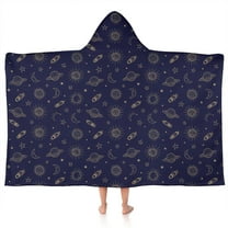 Dark Blue Star Moon Sun Planet Rocket Pattern Hooded Bath Towel，50"x30" for Ages 3 To 12 Kids, Quick Dry Lightweight Soft Microfiber Hood Beach Towel Cover Up for Kids