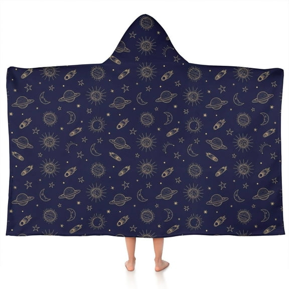 Dark Blue Star Moon Sun Planet Rocket Pattern Hooded Bath Towel,50"x30" for Ages 3 To 12 Kids, Quick Dry Lightweight Soft Microfiber Hood Beach Towel Cover Up for Kids
