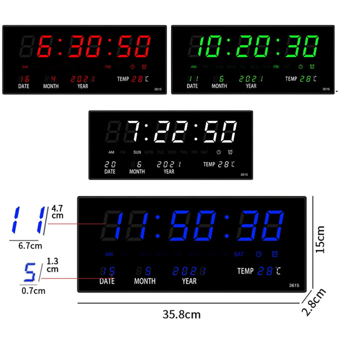 LED Calendar Electronic Clock Digital Wall Alarm Hourly Chiming Temperature Table Clocks Home Green