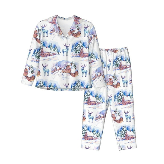 Rateoe Snowy Cottage Holiday Scene Pattern Womens Pajamas Set Long Sleeve Sleepwear Button Down Nightwear Soft Cotton Pj Lounge Sets-Small
