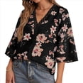 thumbnail image 2 of Camiseta de Verano para Mujer, Elegante, Informal, con Mangas 3/4, Cuello en V, Estilo Étnico Bohemio y Estampado Acampanado. Negro L, 2 of 10