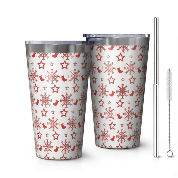 16oz Tumblers Red Christmas Snowflake Pattern Stainless Steel Vacuum Insulated Double Wall Travel Tumbler Cups Mug with Lid and Straw,Cleaning Brush for Coffee,Tea