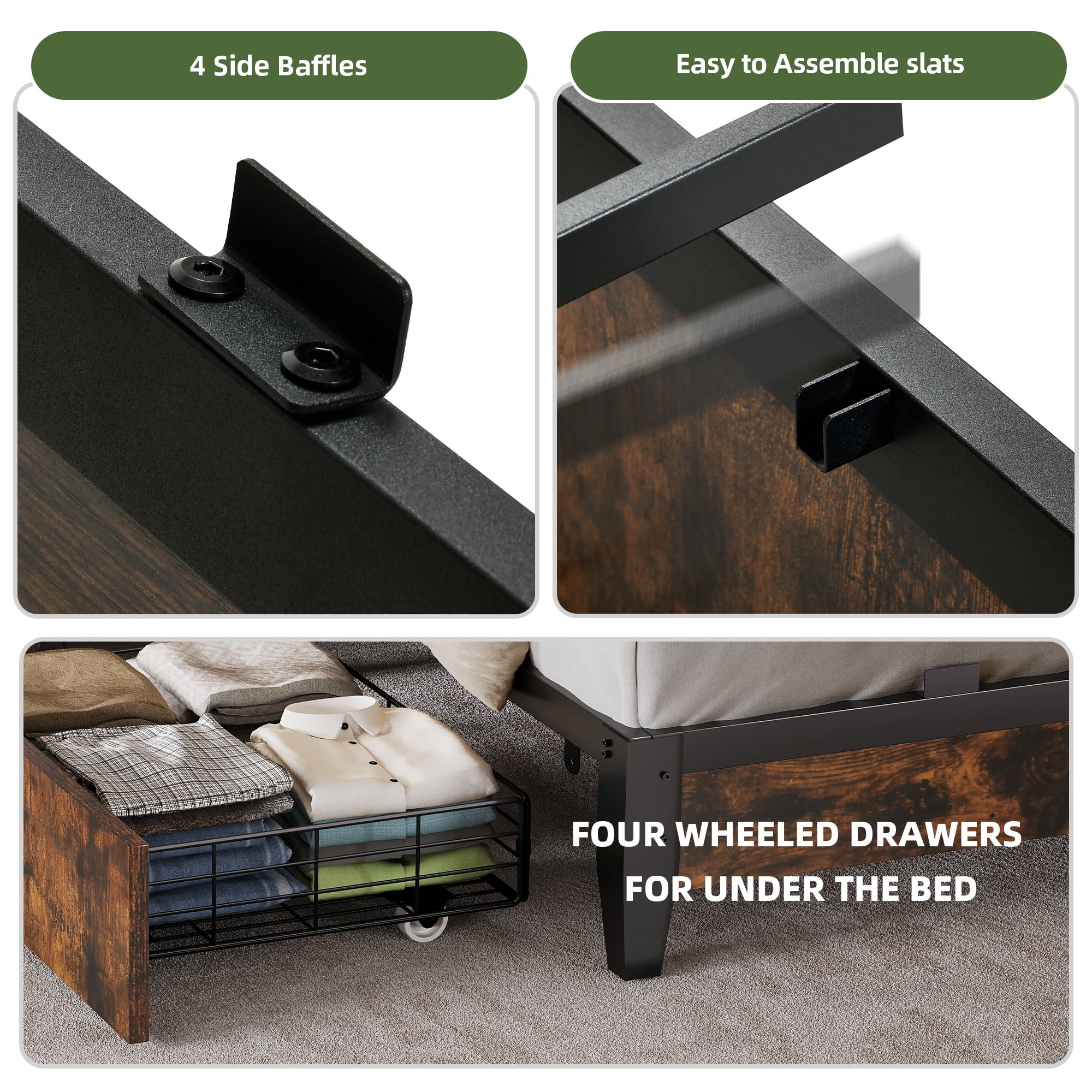 Uforic Queen LED Bed Frame wit 4 Storage Drawers, Upholstered Platform Bed with Charging, Noise-Free, Fast Assembly, Brown