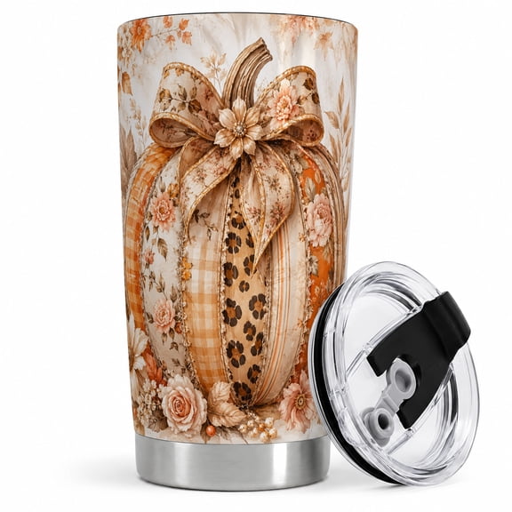 Floral Patchwork Pumpkin Tumbler, 20oz Insulated Drinkware for Pumpkin Fans Stainless steel insulated tumbler with lid, floral pumpkin artwork for water, iced coffee, tea, commute, or office