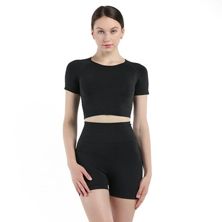 

Women Workout Outfits 2 Piece Seamless Yoga Tracksuit Set Short Sleeve Crop Top