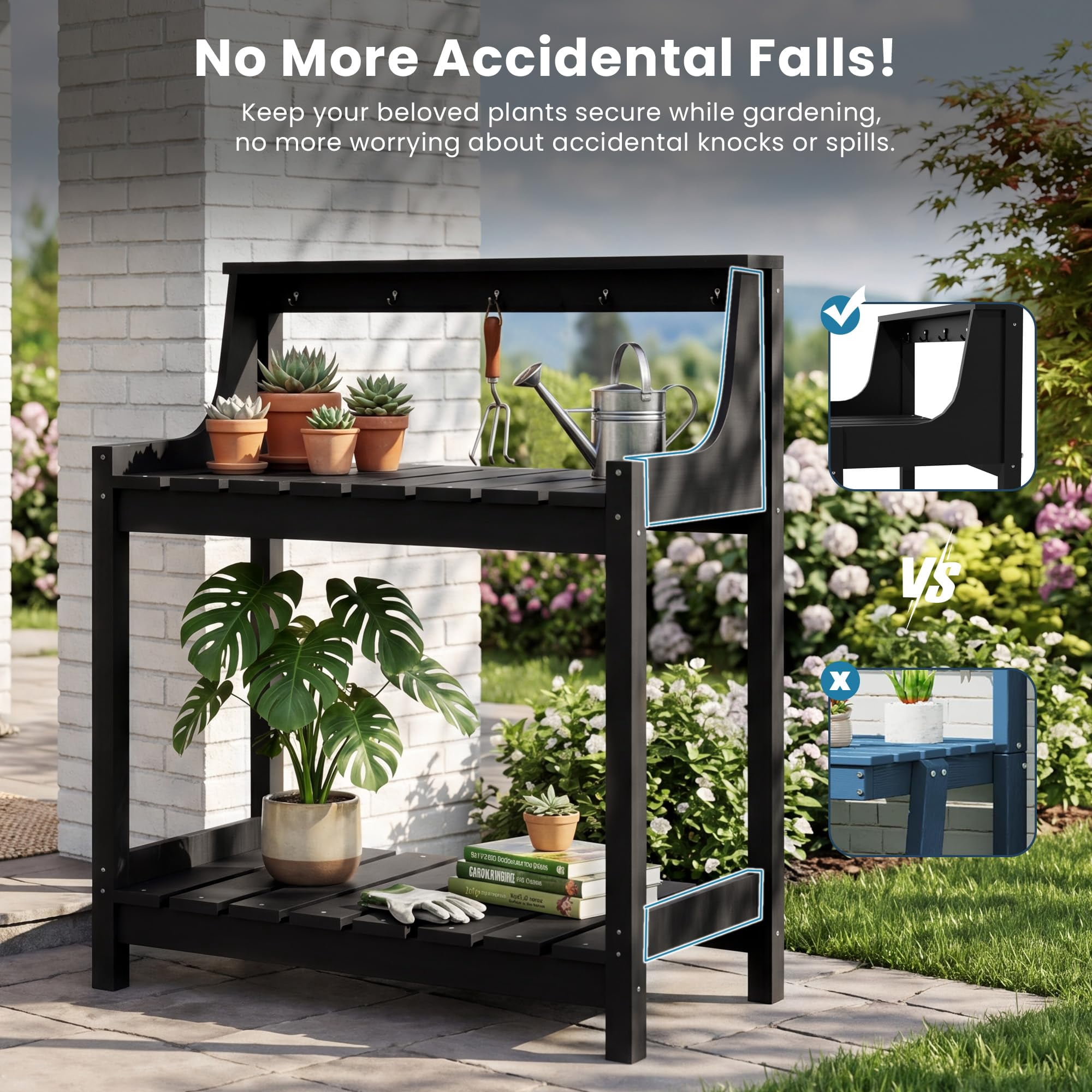 Potting Benches for Outside, HDPE Garden Potting Table All Weather, Outdoor Potting Table with Storage for Patio, Backyard, Garden, Black