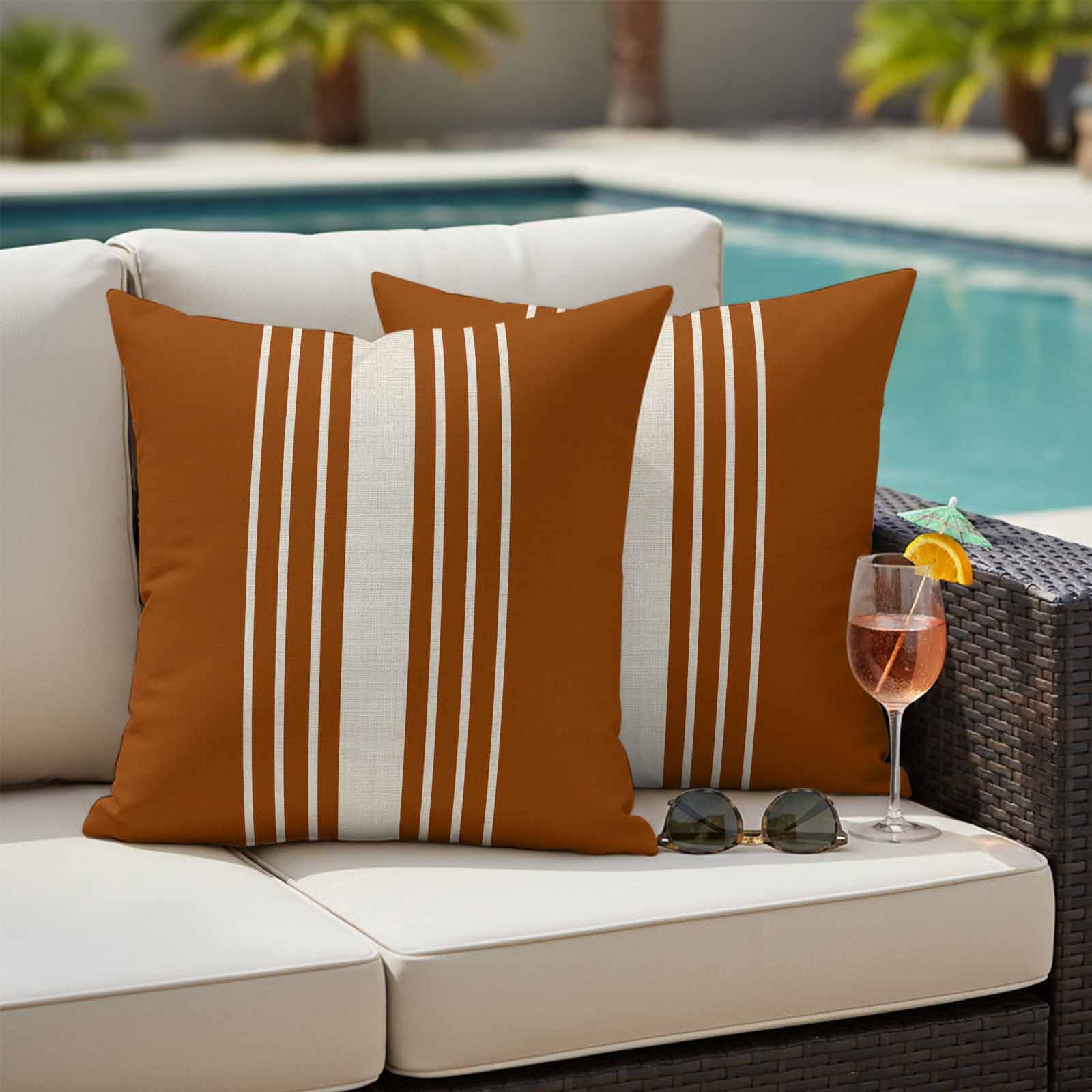 Burnt Orange Beige Striped Outdoor Waterproof Pillow Covers, Modern Farmhouse Retro Lines Decorative Square Throw Pillowcase Sofa Cushion Sham for Patio/Couch/Chair, 20"x20" 2 Pack