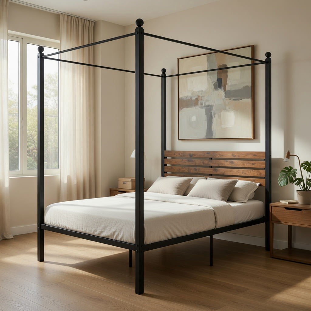 Demi Bonn Twin Size Canopy Metal Platform Bed Frame with Under Bed Storage, Steel Slat Support, No Box Spring Needed, Black
