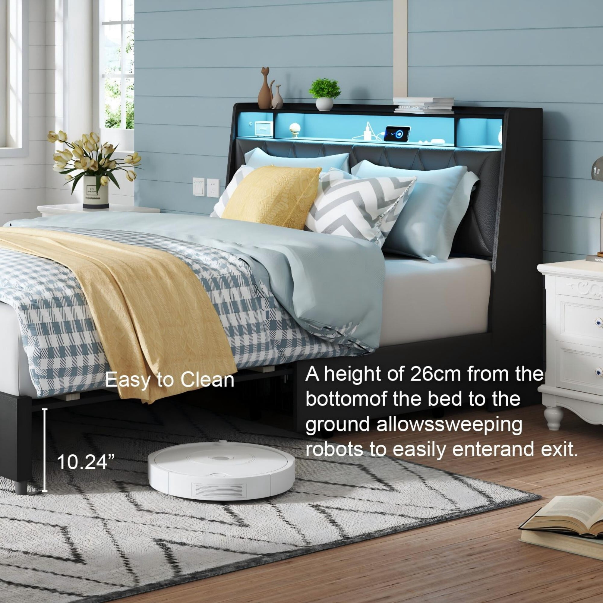 AENKYO Queen Size Bed Frame with LED Lights, Upholstered Storage Headboard & 4 Drawers, and Built-in Charging Station, Black