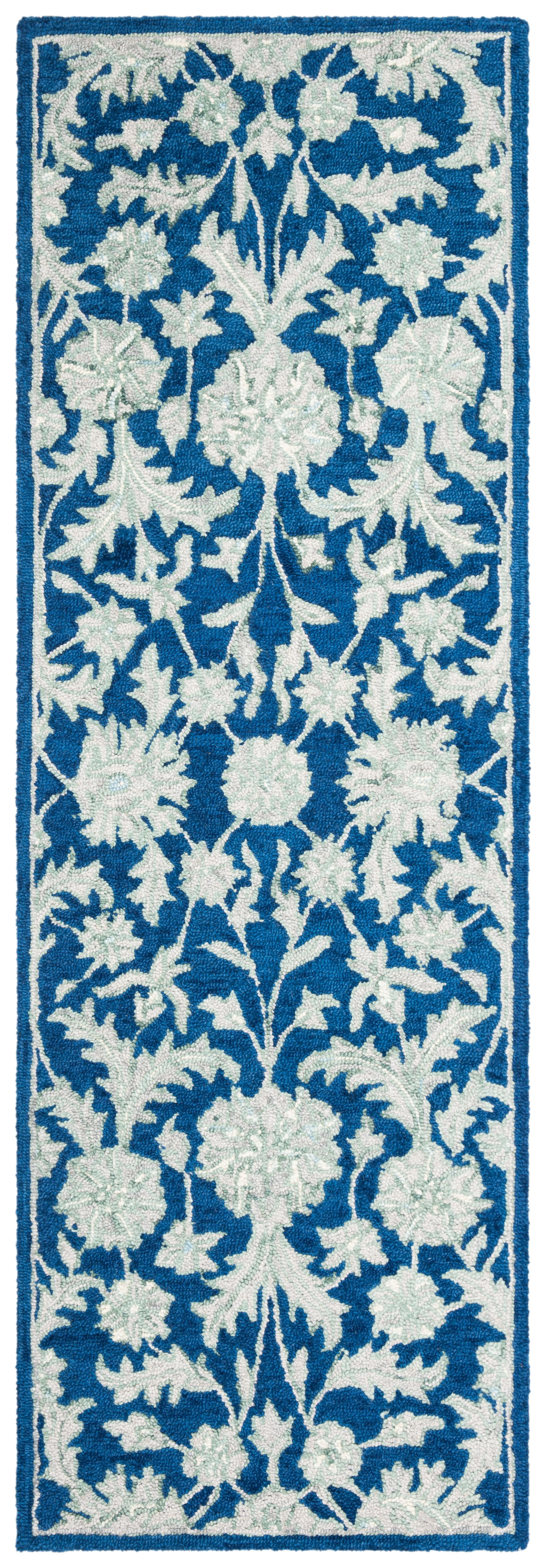 SAFAVIEH Micro-Loop Carl Floral Overdyed Wool Runner Rug, Navy/Grey, 2'3" x 7'