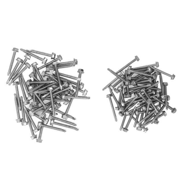 Surtido de 100 tornillos autorroscantes de cabeza hexagonal de acero inoxidable 410, 4,2 x 38 mm y 4,8 x 38 mm.