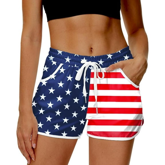 Women 4th of July Board Shorts Hawaiian Tropical Print Beach Swim Shorts with Pockets
