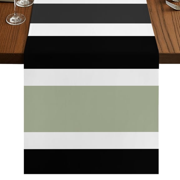 Sage Green Black Stripe Table Runner 36 Inches Long, Cotton Linen Table Runner Dresser Scarf, Modern Abstract Coarse Striped Short Fabric Tablerunners for Dining Tables Wedding Holiday Party 13"x36"