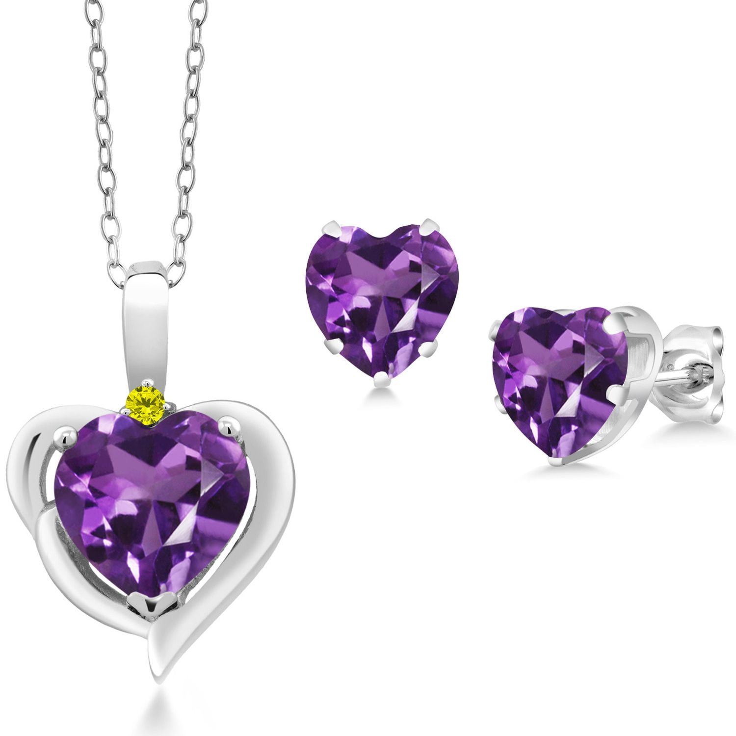 Gem Stone King 925 Sterling Silver Purple Amethyst and Canary Diamond Pendant Necklace Earrings Set for Women (3.22 Cttw, Heart Shape 8MM and 6MM, with 18 inch Chain)