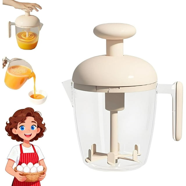 Ergonomic Multi-Blade Manual Egg Mixer, Press The Egg Beater Cup Manual, Hand Push Rotary Whisk Blender Cup, Semi-Automatic Multi-Function Blender For Whisking, Beating & Stirring (White)