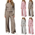 thumbnail image 7 of 2 Piece Women Striped Outfit Button Down Long Sleeve Tops & Wide Leg Pants Teen Fall Casual Fashion Lounge Daily Tracksuit Set, 7 of 7