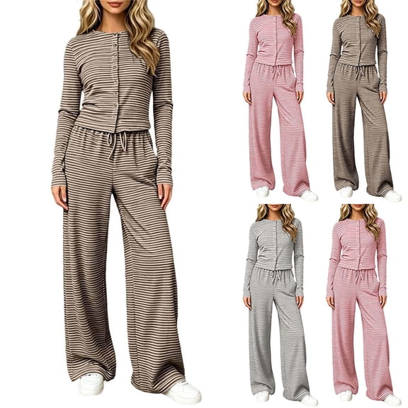 Two Piece Sets for Women Fall Outfits Striped Button Long Sleeve Cardigan Tops and Elastic Waist Pants Lounge Set Sweatsuits