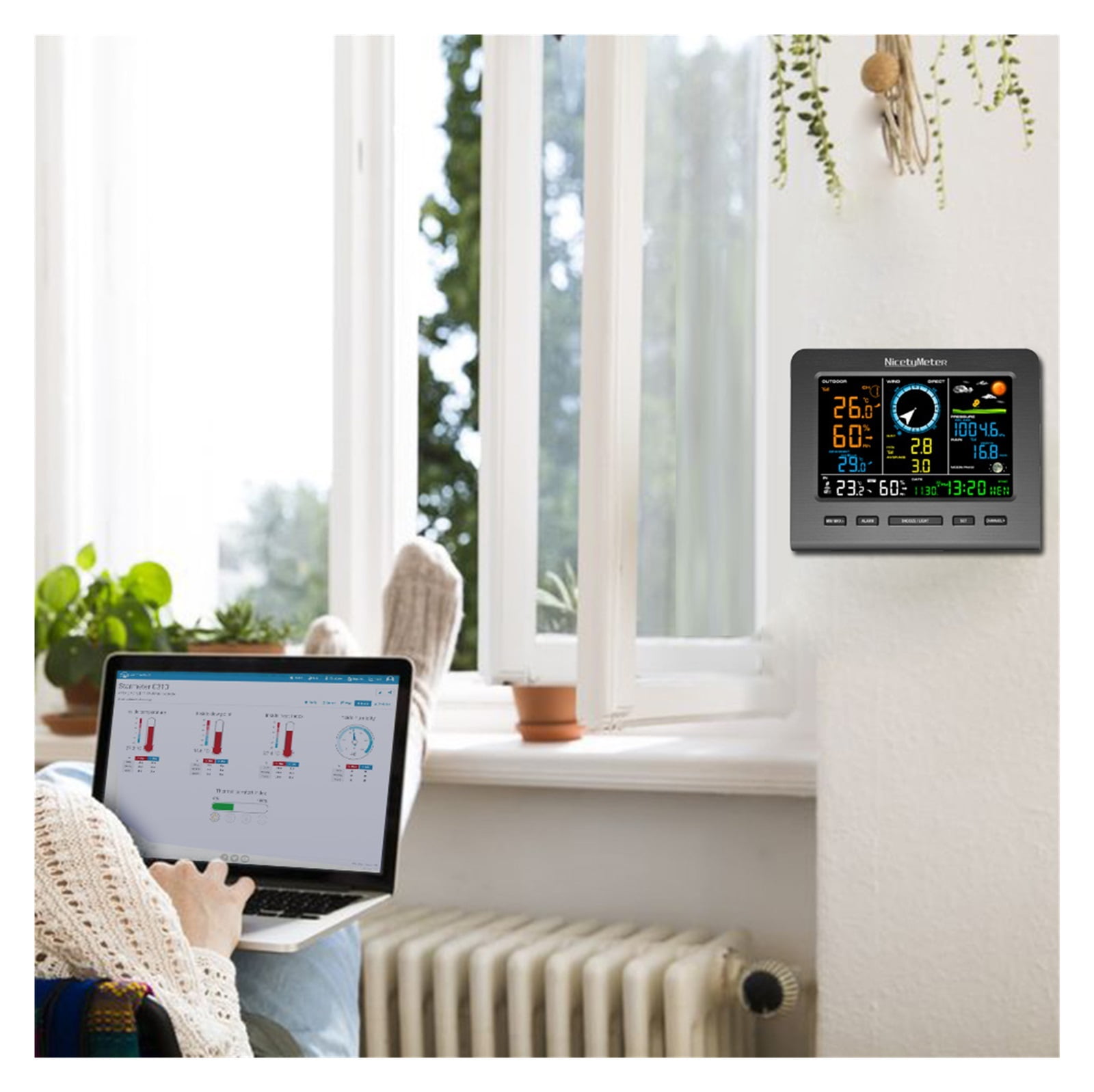 Internet Wireless Weather Station Weather Forecast Temperature Pressure Humidity Wind Gauge Rain Gauge Moon Phrase Alarm Clock ,Easy to Install